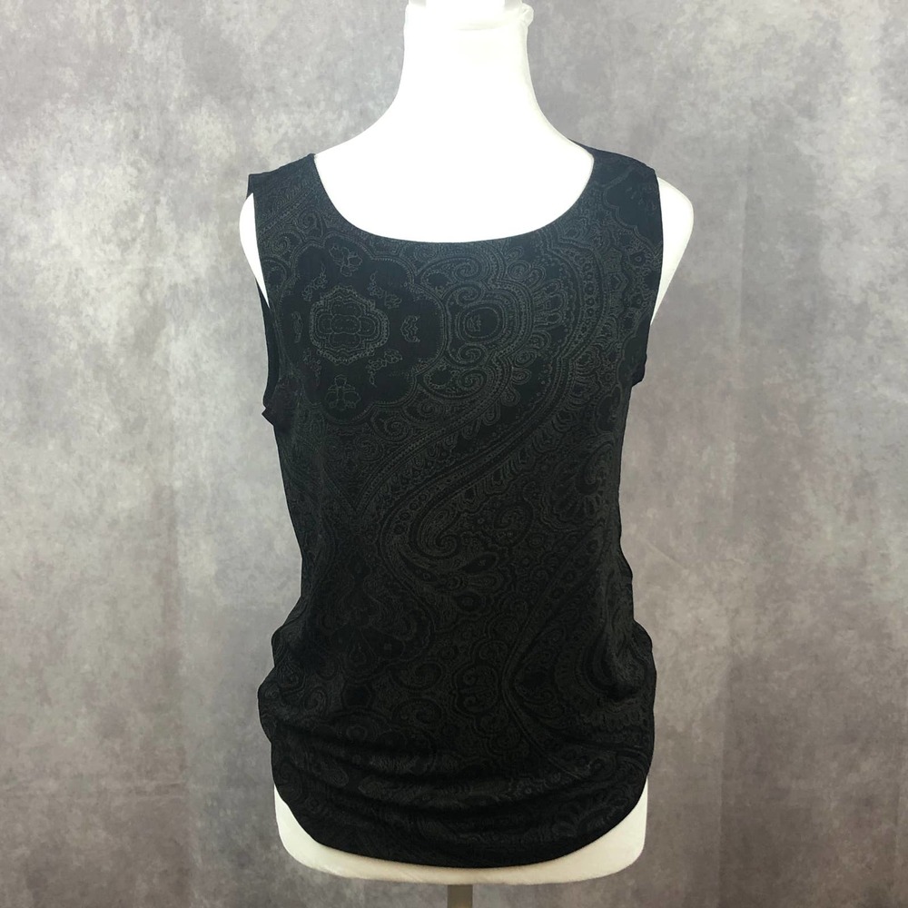 Chico's Top Womens 1 / Medium Slinky Blouse‎ Sleeveless Black Tan Paisley Floral